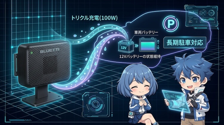 トリクル充電（100W）で車両バッテリーの状態維持をサポート