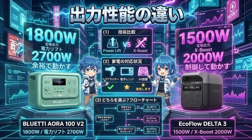 出力性能の違い｜AORA 100 V2は1800W、DELTA 3は1500W＋X-Boost