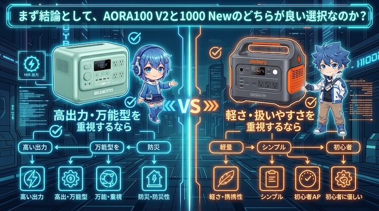 まず結論として、AORA100 V2と1000 Newのどちらが良い選択なのか？