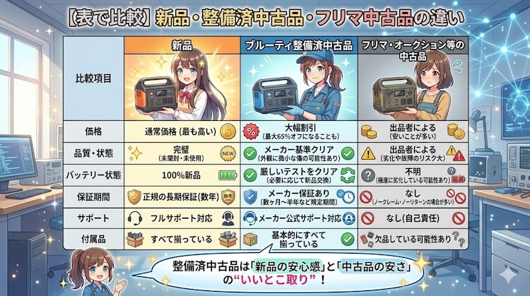 【表で比較】新品・整備済中古品・フリマ中古品の違い