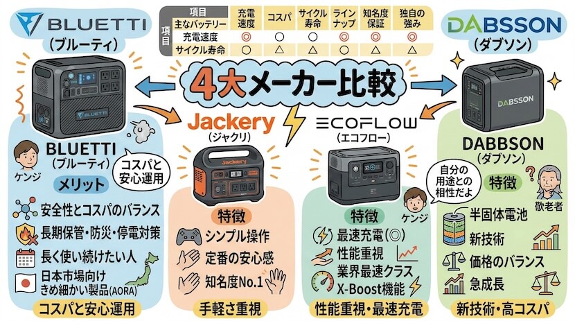 他社と比べてどう？BLUETTI vs Jackery vs EcoFlow vs DABBSSON