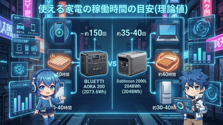 使える家電の稼働時間の目安(理論値)